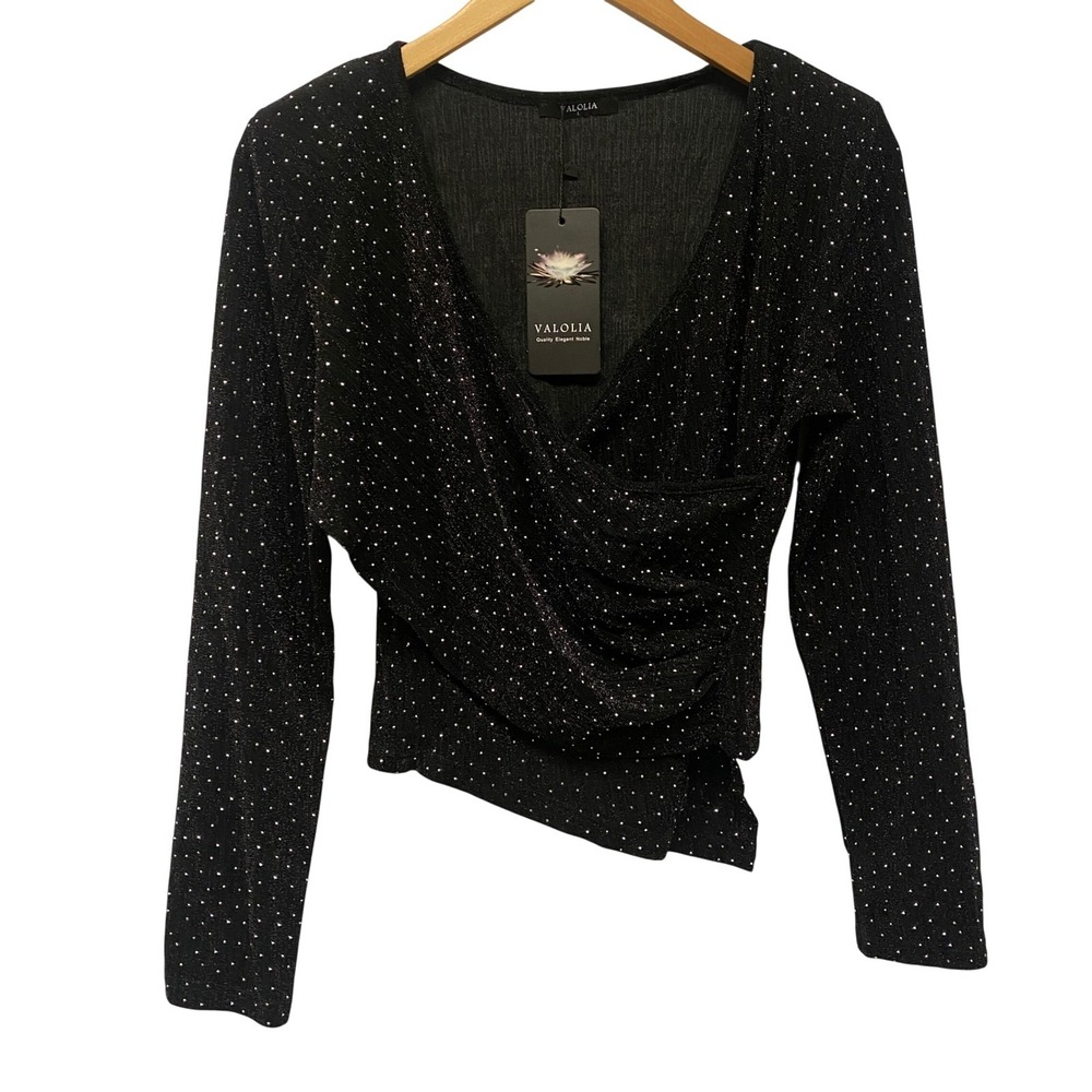 VALOLIA Black Rhinestone Sparkle Wrap Crop Top Long Sleeve L Cocktail Party